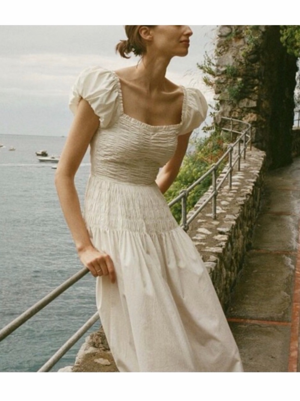 DOEN Katherina Dress Cream Smocked Midi Dress with Puff Sleeves - Picture 2 of 5